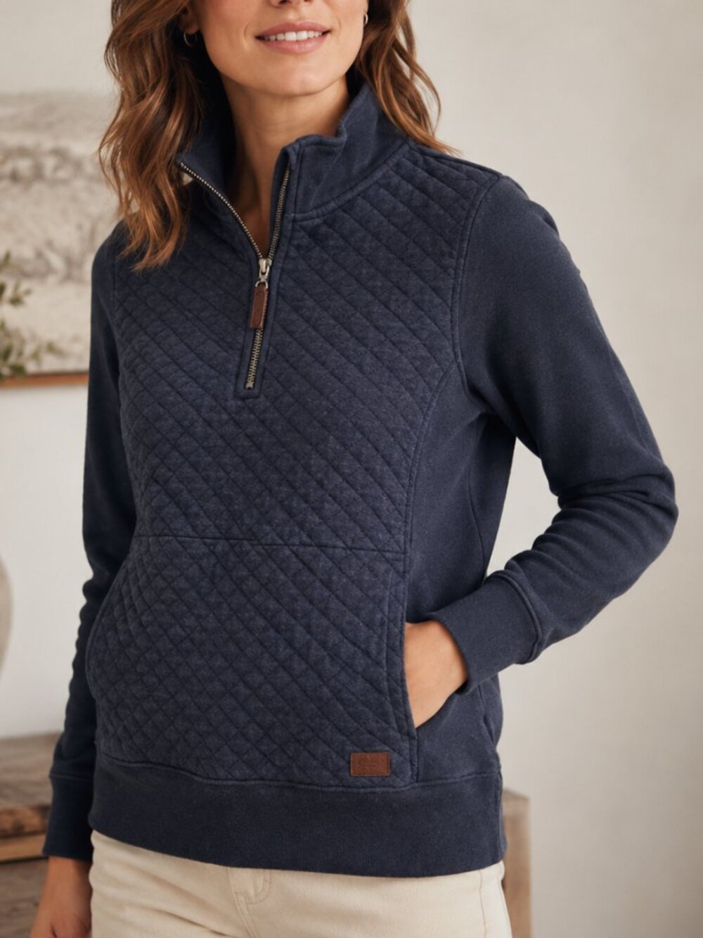 L.L.Bean Quilted Quarter Zip Pullover Blue Mock Neck Sweatshirt Large